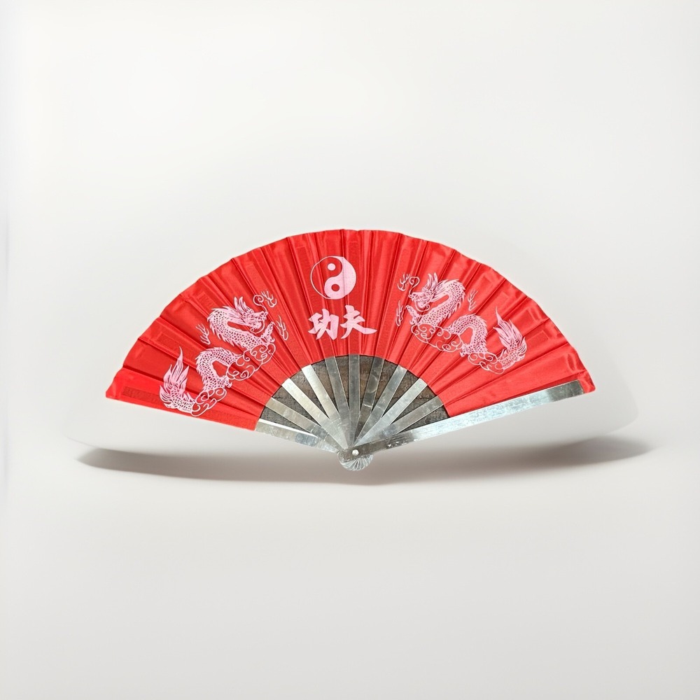 Chinese Kung Fu Martial Arts Tai Chi Dragon Stainless/Cloth Fan Red - Right Hand